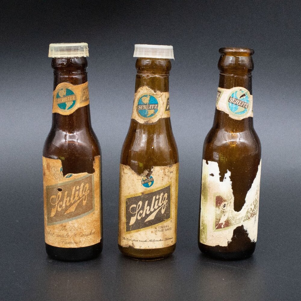 Vintage Lot of 3 Mini 4" Schlitz Glass Beer Bottles Salt and Pepper Shakers
